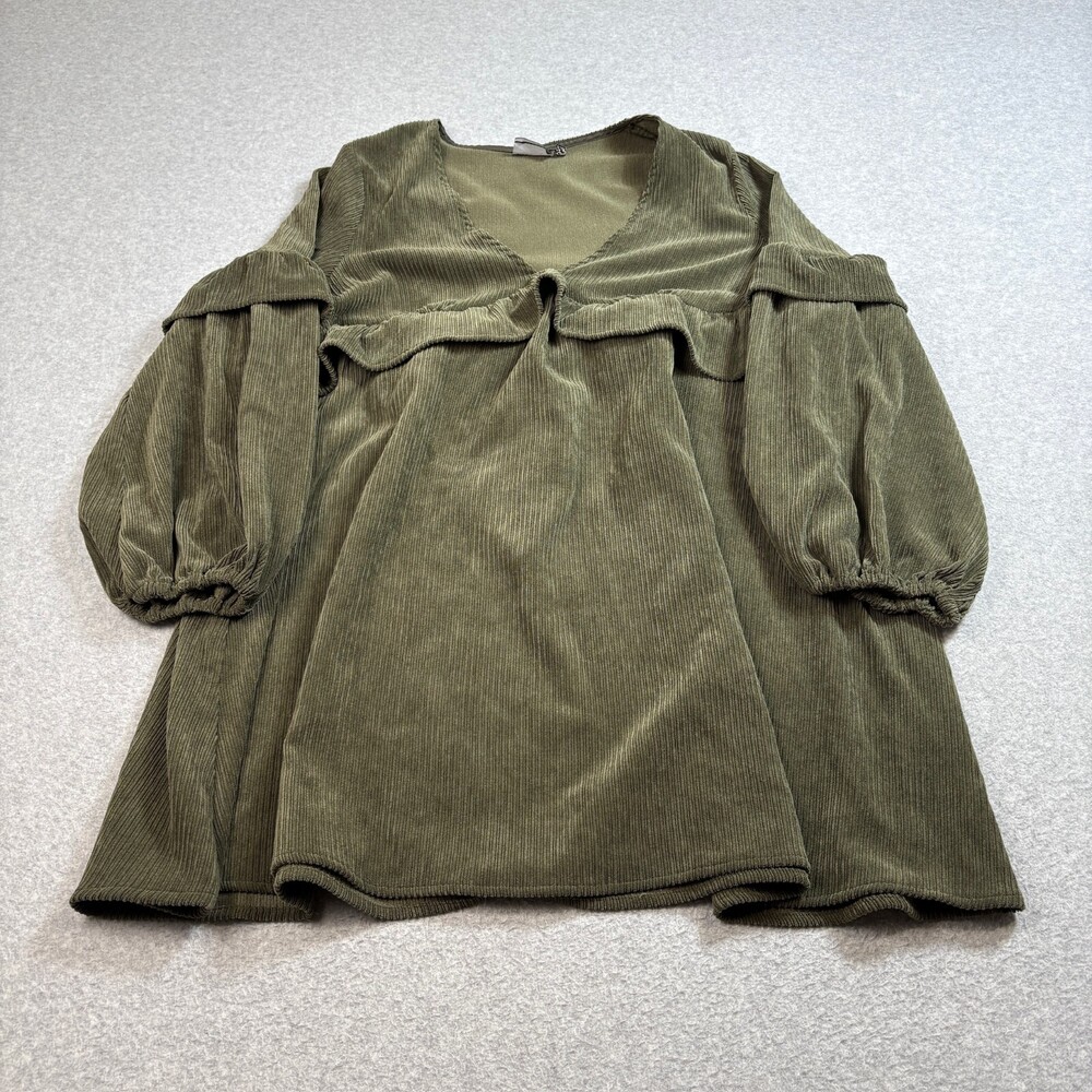 ASOS Dress Women 12 Green Corduroy Bell Sleeve Tunic Ruffle Peasant Fairy Boho